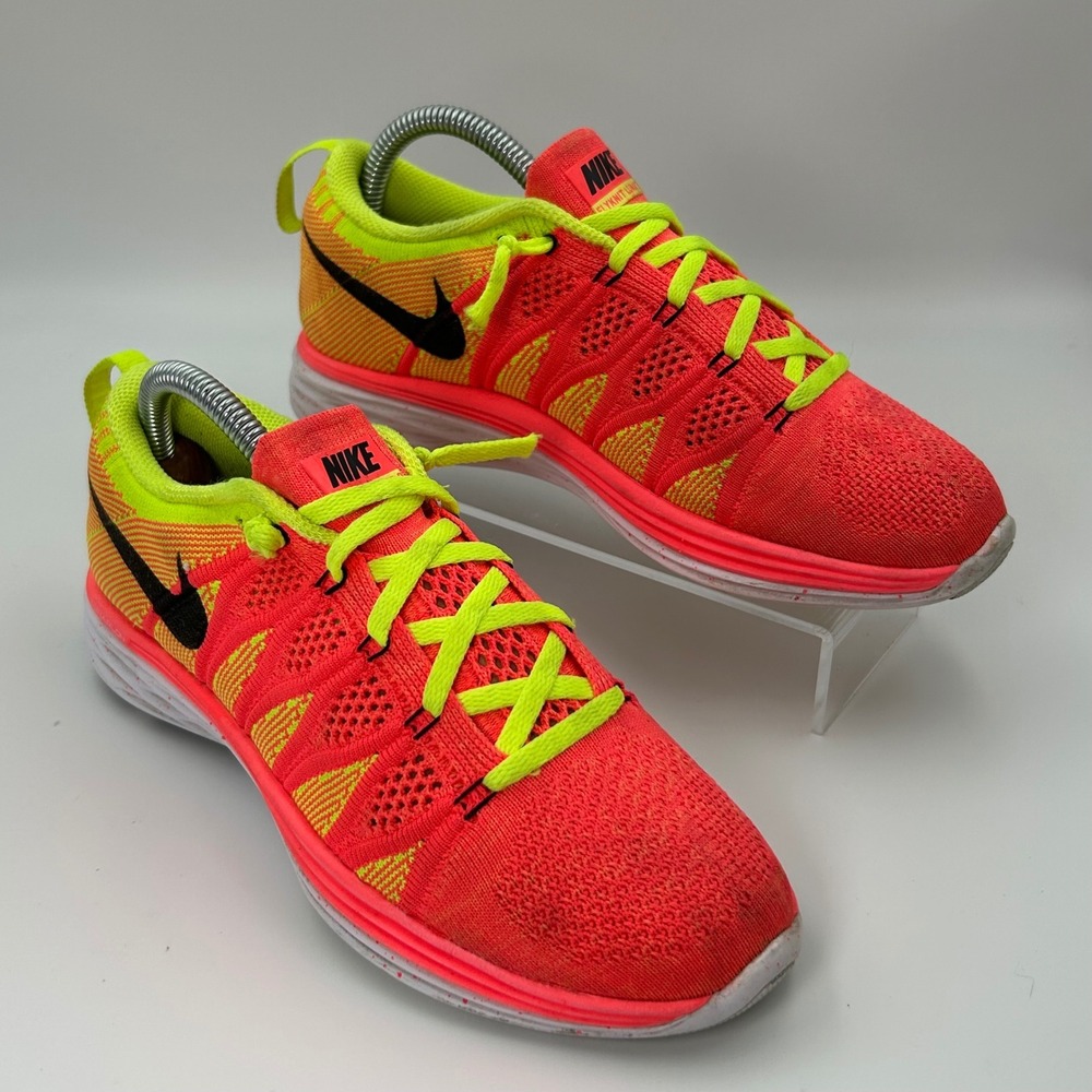 Nike Flyknit Lunar 2 Neon Orange Yellow Athletic Sneakers 6.5 Lace Up Mint Cond